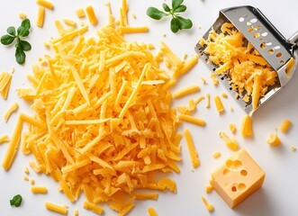 Freshly Grated Yellow Cheese with Shredded Texture for Culinary Use and Garnishing on White Background with Cheese Cube and Shredding Tool