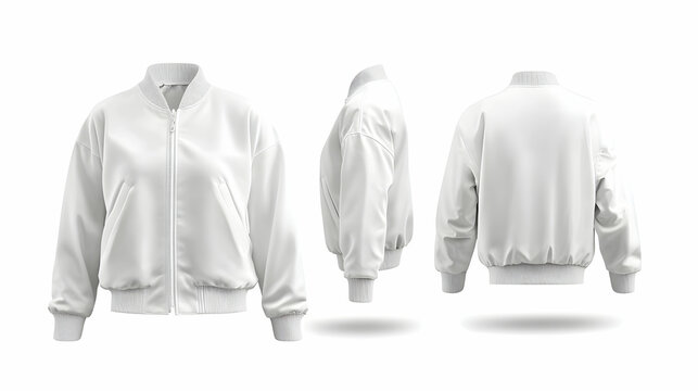 Blank white satin bomber jacket mockup shown from front, side, and back views