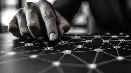 Connected world technology depicted with a human finger on a digital interface in grayscale photography