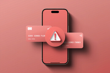 Smartphone display with credit cards and error alert, symbolizing online transaction failure or security issue
