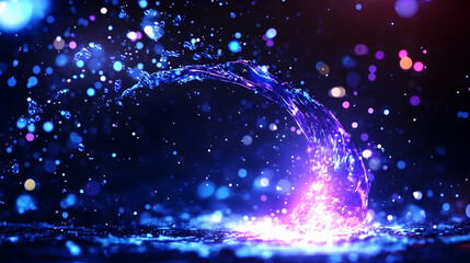 Dynamic blue liquid splash with vibrant bokeh lights against a dark background