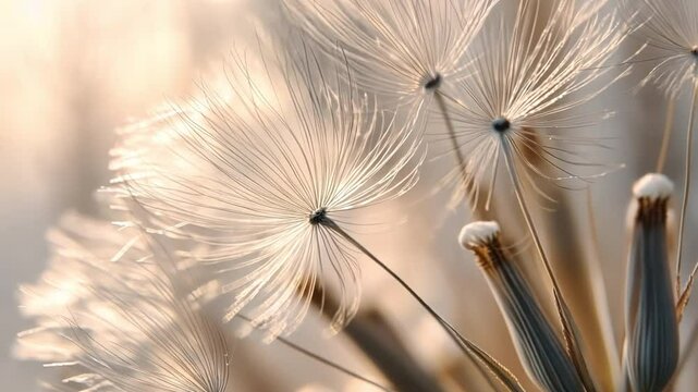 Dandelion Seeds in Sunlight: Delicate dandelion seed heads, each a tiny parachute, catch the warm glow of the sun, creating a mesmerizing display of nature's ephemeral beauty.