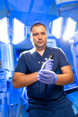 Surgeon readying in bright OR. A skilled surgeon stands confidently in a well-lit operating room,...