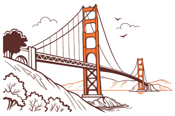 145 suspension bridge, golden gate bridge, orange architecture, minimalist illustration, architectural landmark, iconic san francisco landmark