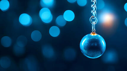 Fototapeta premium A shimmering blue sphere hangs from a chain against a bokeh background