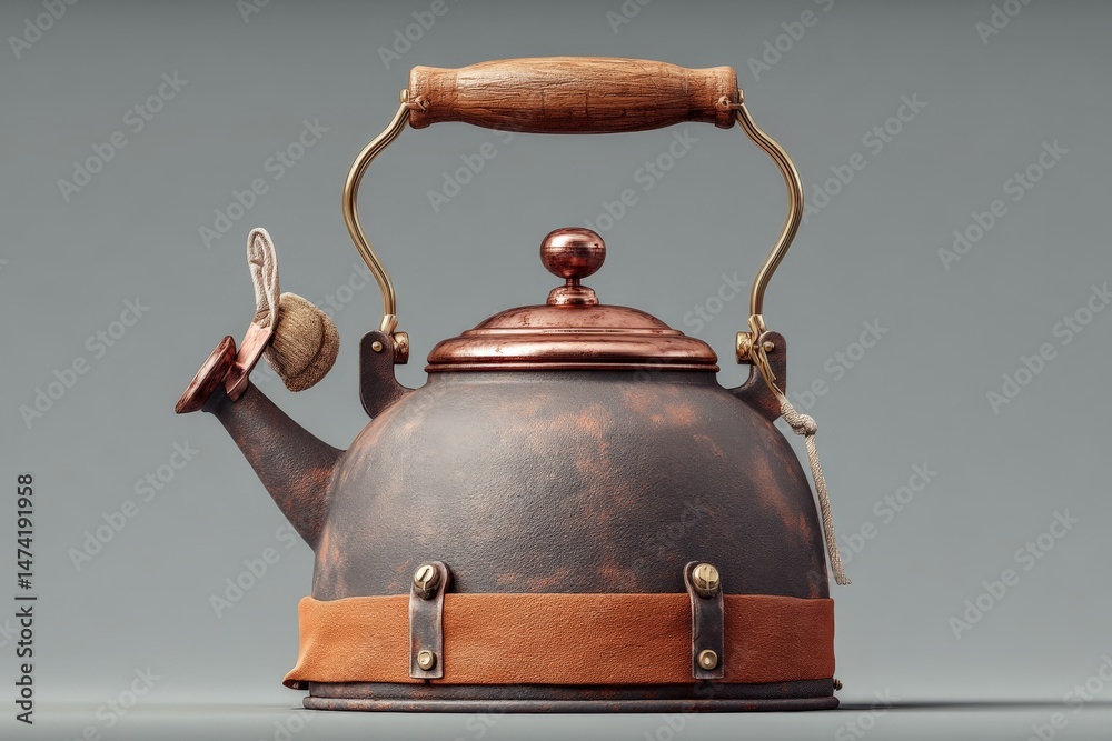 Poster vintage kettle with wooden handle displayed on neutral background during product showcase