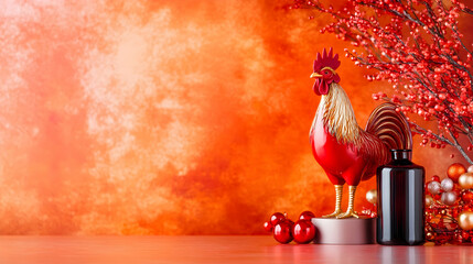 Naklejka premium Red rooster figurine, decorative berries, and dark bottle against an orange background