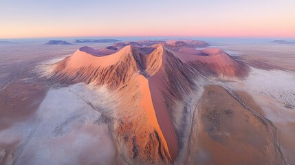 Aerial view of dramatic desert landscape with vibrant colors and unique rock formations.  A breathtaking panorama of sand dunes, valleys and mesas