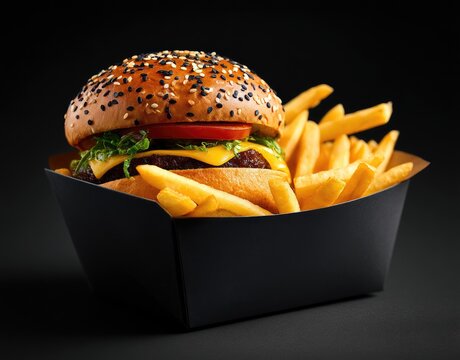Delicious burger and fries in a takeaway container