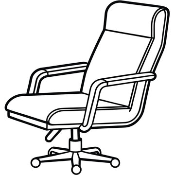 recommend clip art: Illustration of a modern ergonomic office chair featuring a high back, cushioned seat, and padded armrests. The chair is mounted on a swivel base with five wheels for mobility. The design is outlined 