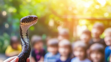 Close-up snake held by hand, children in background