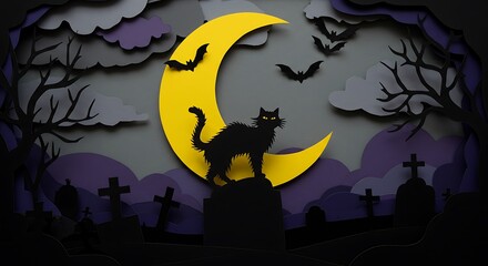 Fototapeta premium Paper Cut Halloween Graveyard. Spooky Cat and Bats Moonlight