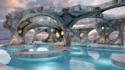 Immersive otherworldly environments serve as background wallpaper in virtual reality scenes
