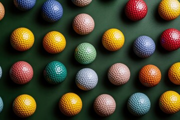 Rows of colorful golf balls are arranged neatly on a solid green background. Use this vibrant image for sport, recreation, or golfing concepts.