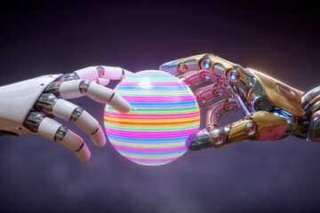 Robot hands are grasping a spherical stock object