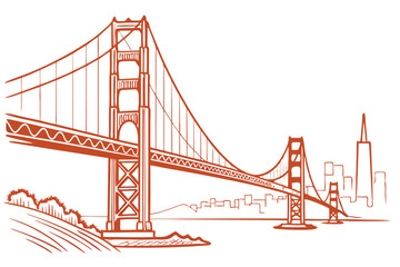 145 suspension bridge, golden gate bridge, orange architecture, minimalist illustration, architectural landmark, iconic san francisco landmark
