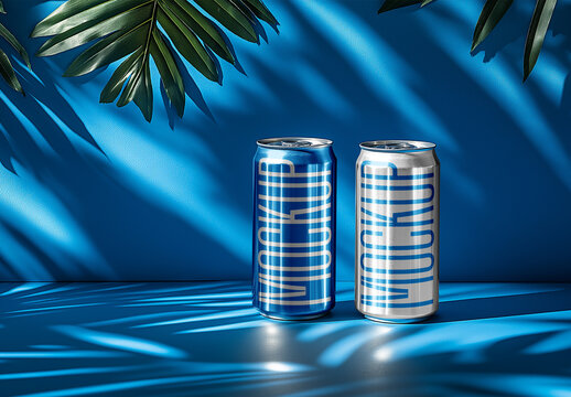 Tropical Light Soda Can Mockup Set on Blue Background &ndash; High-Resolution Beverage Template for Refreshing Drink Branding and Summer Packaging