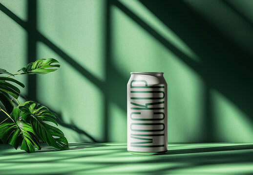 Minimal Soda Can Mockup with Green Tropical Shadows &ndash; High-Resolution Beverage Packaging Template for Organic Drink Branding and Eco-Themed Presentation