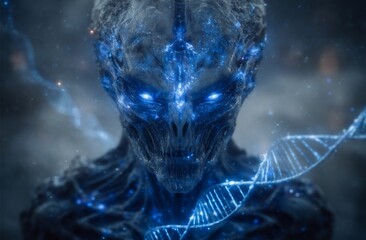 A frightening alien creature is scrutinizing a double helix DNA structure, suggesting an exploration of biological concepts from an extraterrestrial perspective - AI Generated Digital Art