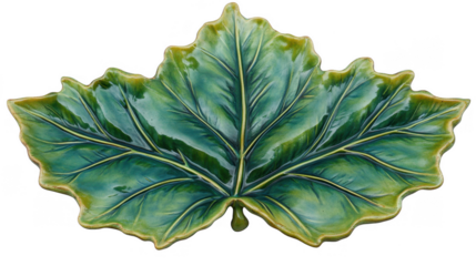 Isolated close up of glossy ceramic green leaf on PNG transparent background