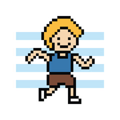 Pixel cartoon exercise cute run 8bit character man run running jog cardio lifestyle decoration life style 8 bit male boy jog marathon exercise png game 8 bit vector.
