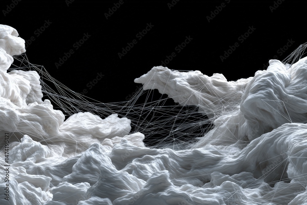 Poster Digital representation of abstract clouds and interconnected lines in dark background