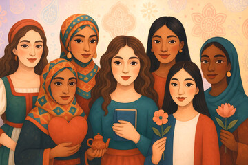 Illustration of diverse women in traditional and modern attire, each holding symbolic items like flowers, a book, or a heart. The warm, folk-art inspired composition celebrates unity, culture, and emp