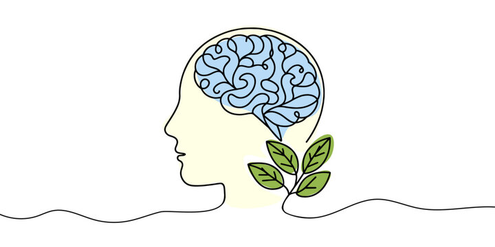 One continuous line drawing of human head with plant inside. Mental health and psychology vector concept. Creative ideas, grow up, positive thinking and self care. Growth mindset skills illustration