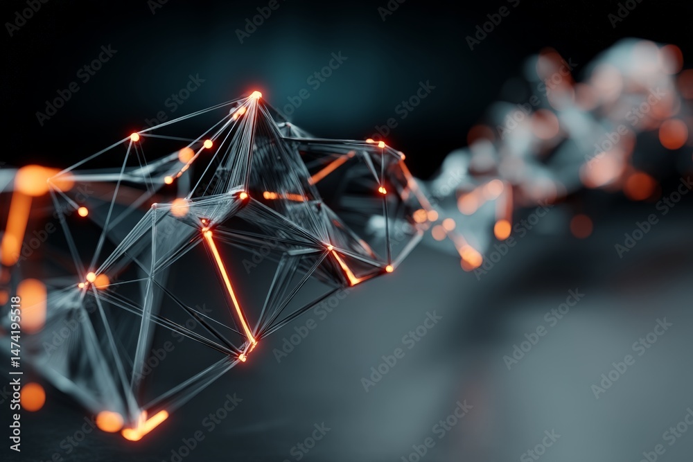 Poster Abstract 3D network structure with glowing nodes and strands in dark background tutorial
