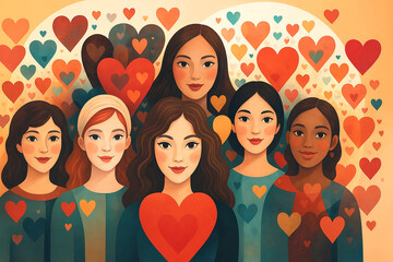 Whimsical illustration of six diverse women surrounded by floating hearts in warm tones. A joyful and inclusive celebration of love, diversity, friendship, and female empowerment.