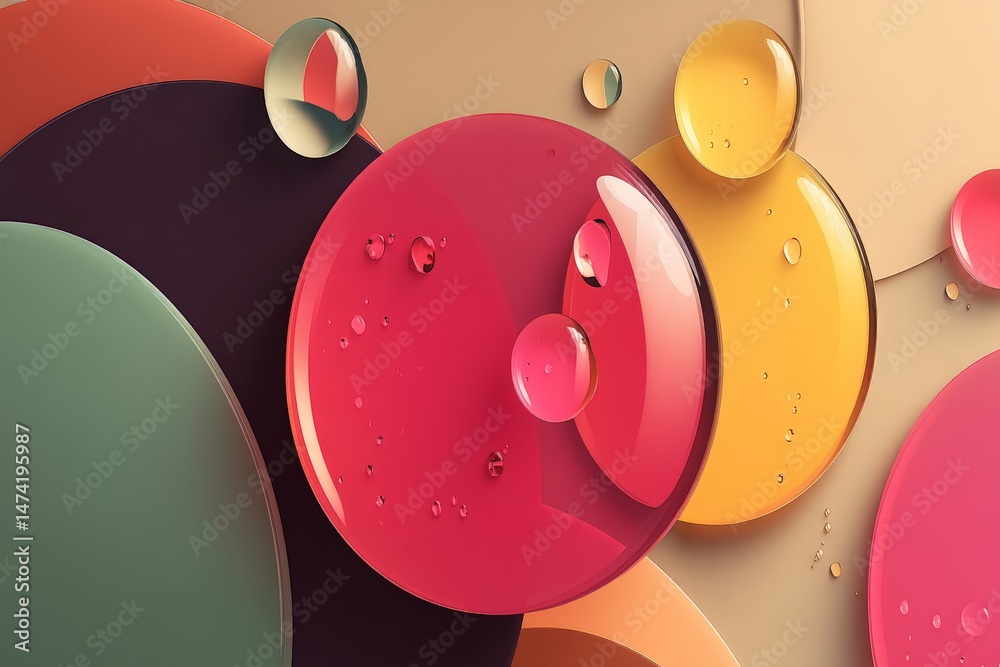 Fototapete Colorful abstract composition featuring translucent circular shapes and droplets on a textured background