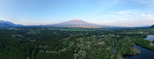 Panoramic View of Mount Fuji with Lush Forest Landscape.
