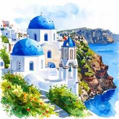 Santorini Cliffside View in Watercolor – Iconic blue domes, perfect for travel and lifestyle use