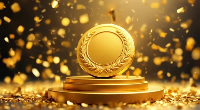 Golden medal award ceremony on podium surrounded by festive confetti celebration