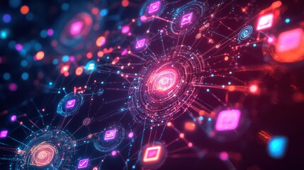 Obraz premium Vibrant 5G network visualization with speed icons around connected devices showcasing fast internet. 