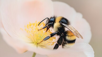 Close-up view of a bee on a pale pink flower.