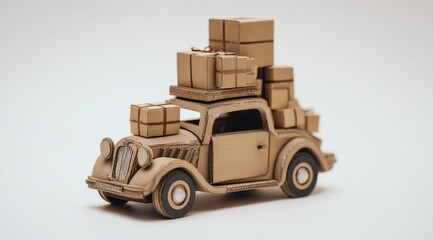 A vintage cardboard car laden with numerous packages