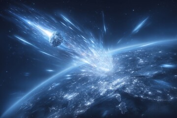 A laser-wielding space military satellite is shown attacking, set against the Earth, representing the fusion of technology and space warfare, in an image that combines different mediums and includes