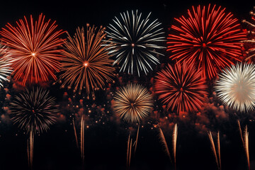 A spectacular and vibrant display of multiple fireworks in various colors illuminating the dark night sky, creating a breathtaking and celebratory scene.