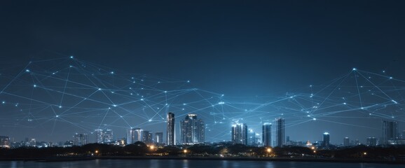 A contemporary urban area featuring a wireless network connection and a cityscape concept, along with a city background at night that highlights connection technology