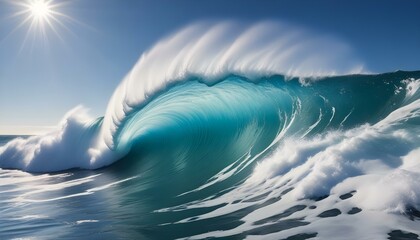 Stunning view of a clear ocean wave cresting under a bright and sunny sky.