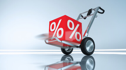 Red cube with percentage symbols on a hand truck, showcasing discount or sale concept, conveying speed and efficiency