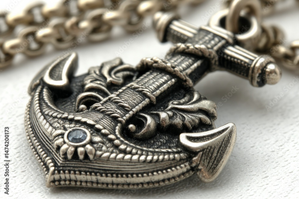 Poster intricate silver anchor pendant with detailed design suspended on a chain resting on a textured surf