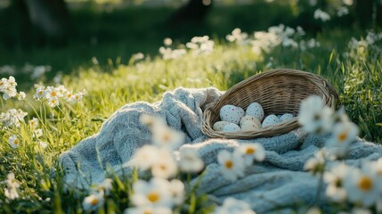 A woven basket filled with colorful Easter eggs rests on a cozy blanket amidst a field of blooming daisies, capturing the essence of springtime festivities in a serene outdoor setting