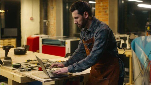 Cheerful Caucasian man wood master carpenter using laptop in workshop builder searching information in Internet guy male chatting social media network pc repairman smile workman order materials online