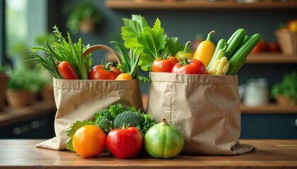 Overfull reusable grocery bag overflowing with fresh produce and groceries , abundance, organic, close up