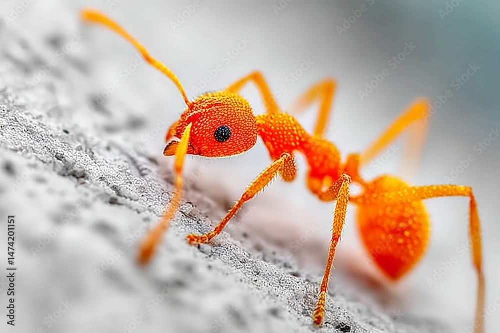 Poster Macro view of an orange ant exploring a textured surface in a natural environment during daylight hours