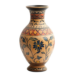 Hand painted ceramic vase with floral design and geometric patterns beige orange blue black