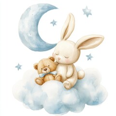 Obraz premium Sweet Dreams Little One: Watercolor Bunny & Teddy Bear on Cloud with Moon & Stars, Gentle Nursery Art for Baby Boy Decor.