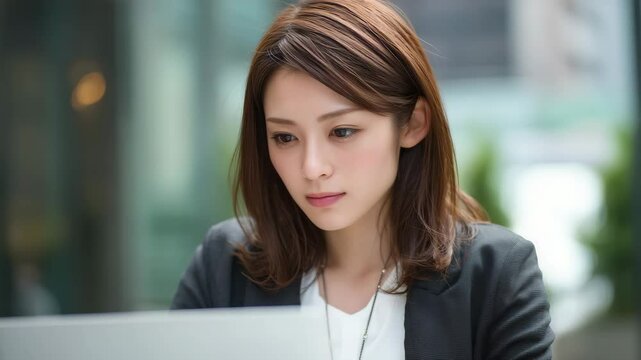 ノートパソコンで作業をする日本人女性